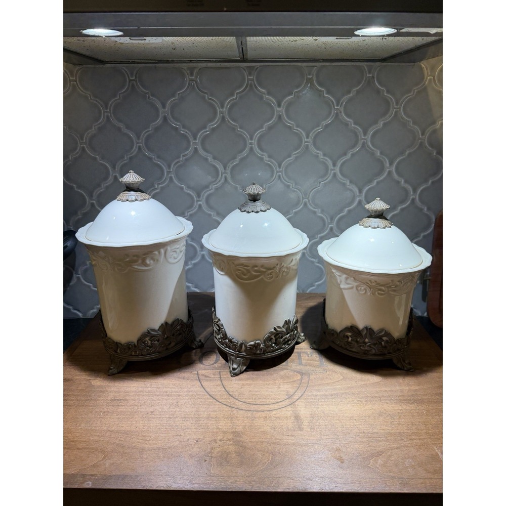 Set of 3 CHRIS MADDEN Ivory  Stoneware Canisters  Metal Stand EUC JC Penney